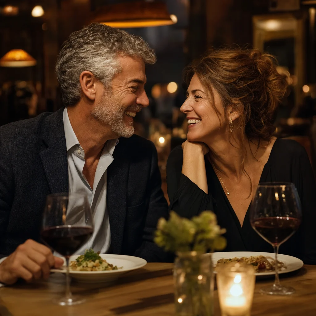 A mature couple enjoying a candlelit dinner date with red wine