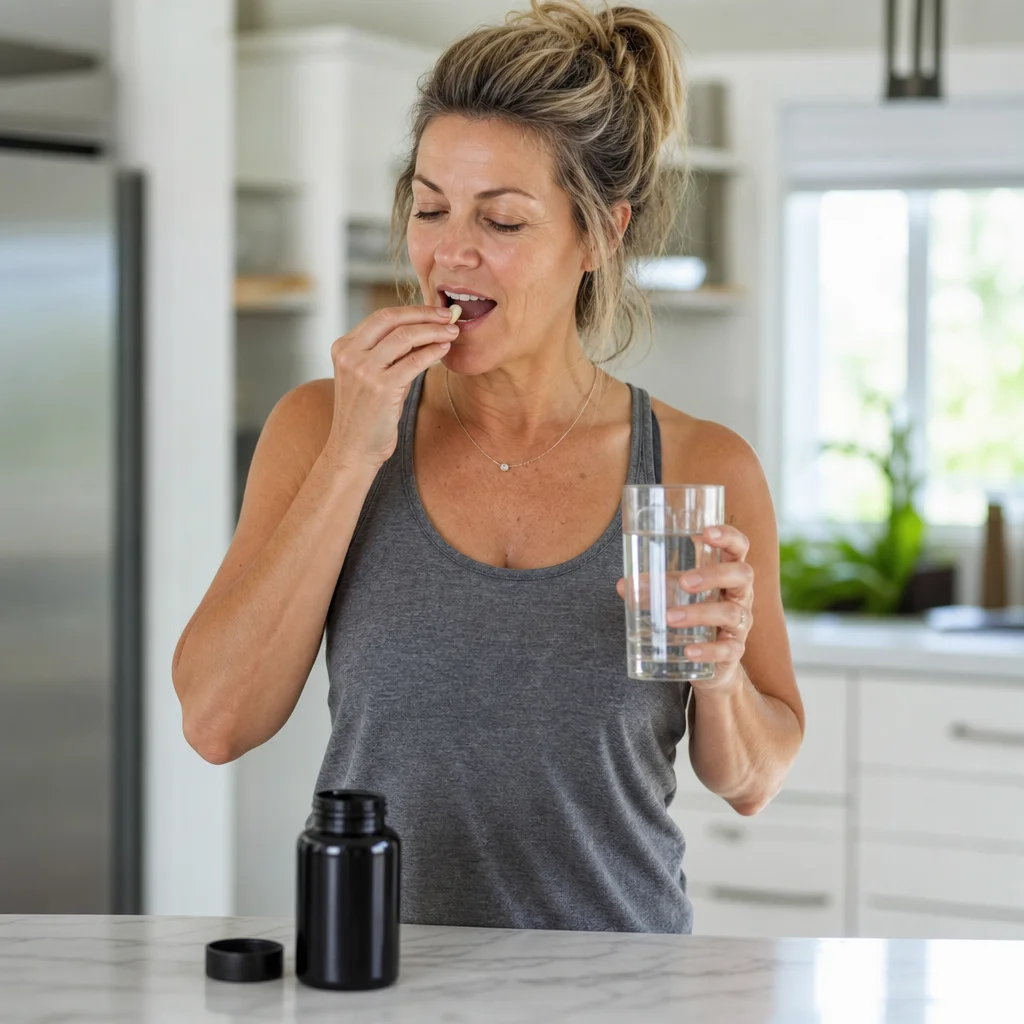 Customer taking Full House fiber capsules with a glass of water at home