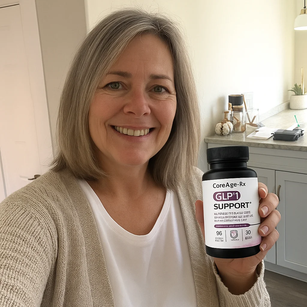 A 50s CoreAge Rx customer holding her GLP-1 Support probiotic bottle at home
