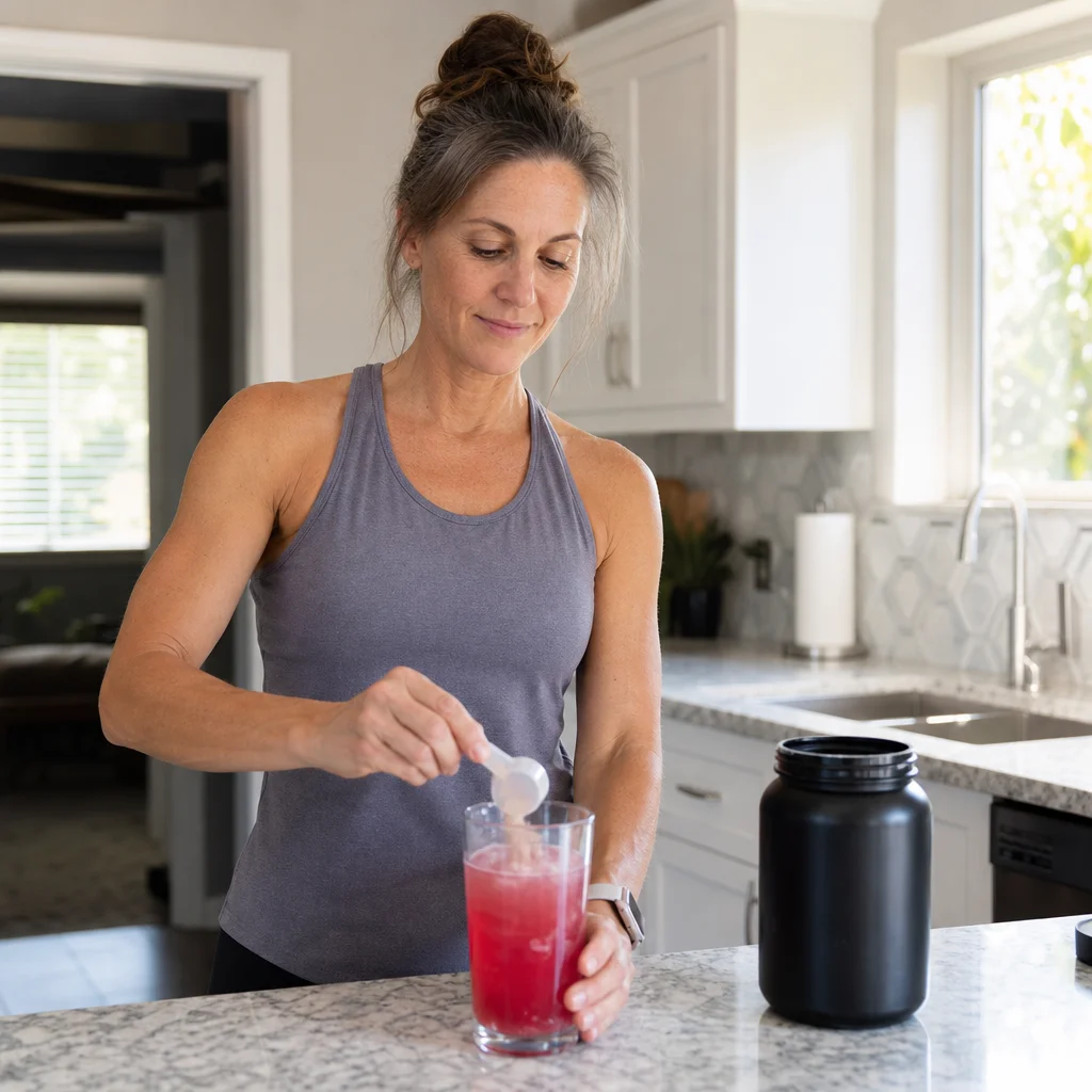 Customer mixing a scoop of Green Scene into a glass of water at home
