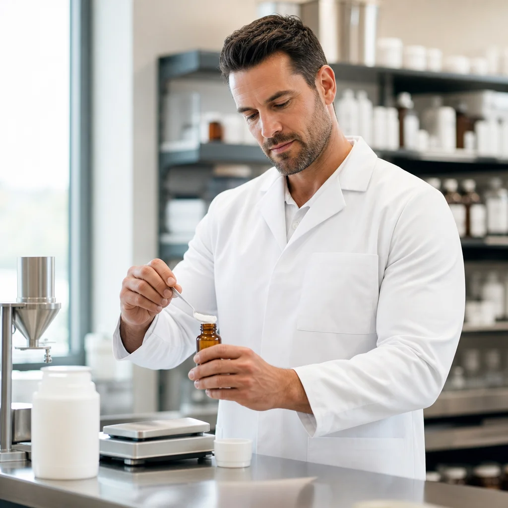 Male pharmacist inspecting GLP-1 Support bottles inside a cGMP-certified USA manufacturing facility