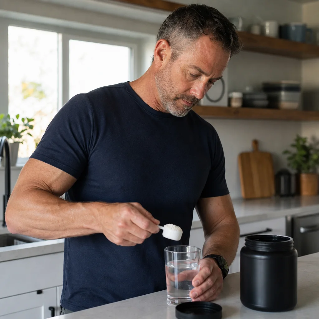 Customer mixing a scoop of Strong Suit creatine into a glass of water at home